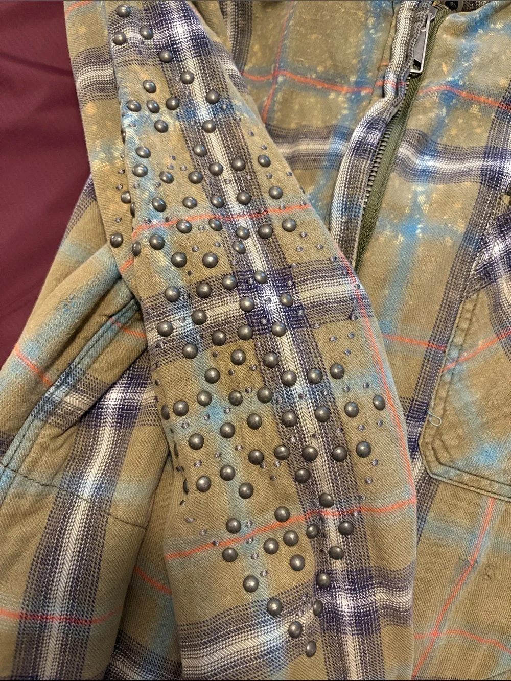 Free People Olive Plaid Studded Zip-Front Jacket - Picture 4 of 5